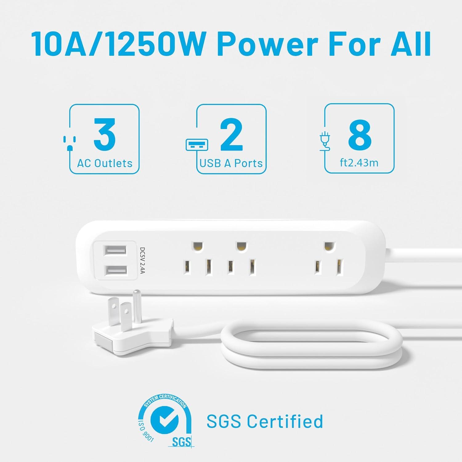 Power Strip Surge Protector with USB Ports, White Extension Cord 8 Feet 3 Prong, 3 outlets, 2 USB Ports, 1250W/10A, Wall Mountable, Plug Strip Surge Protector 300J for Home Office, SGS Approved