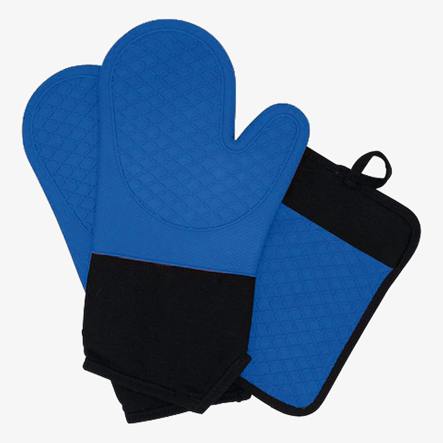 Ecoberi Silicone Oven Mitts and Pot Holder Set, Heat Resistant, Cook, Bake, BBQ, Pack of 3 Blue