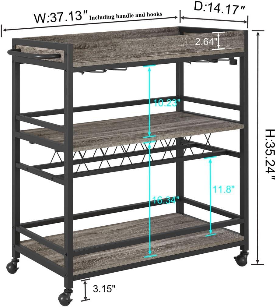 Gray Oak 3-Tier Bar Cart with Wine Rack and Glass Holder