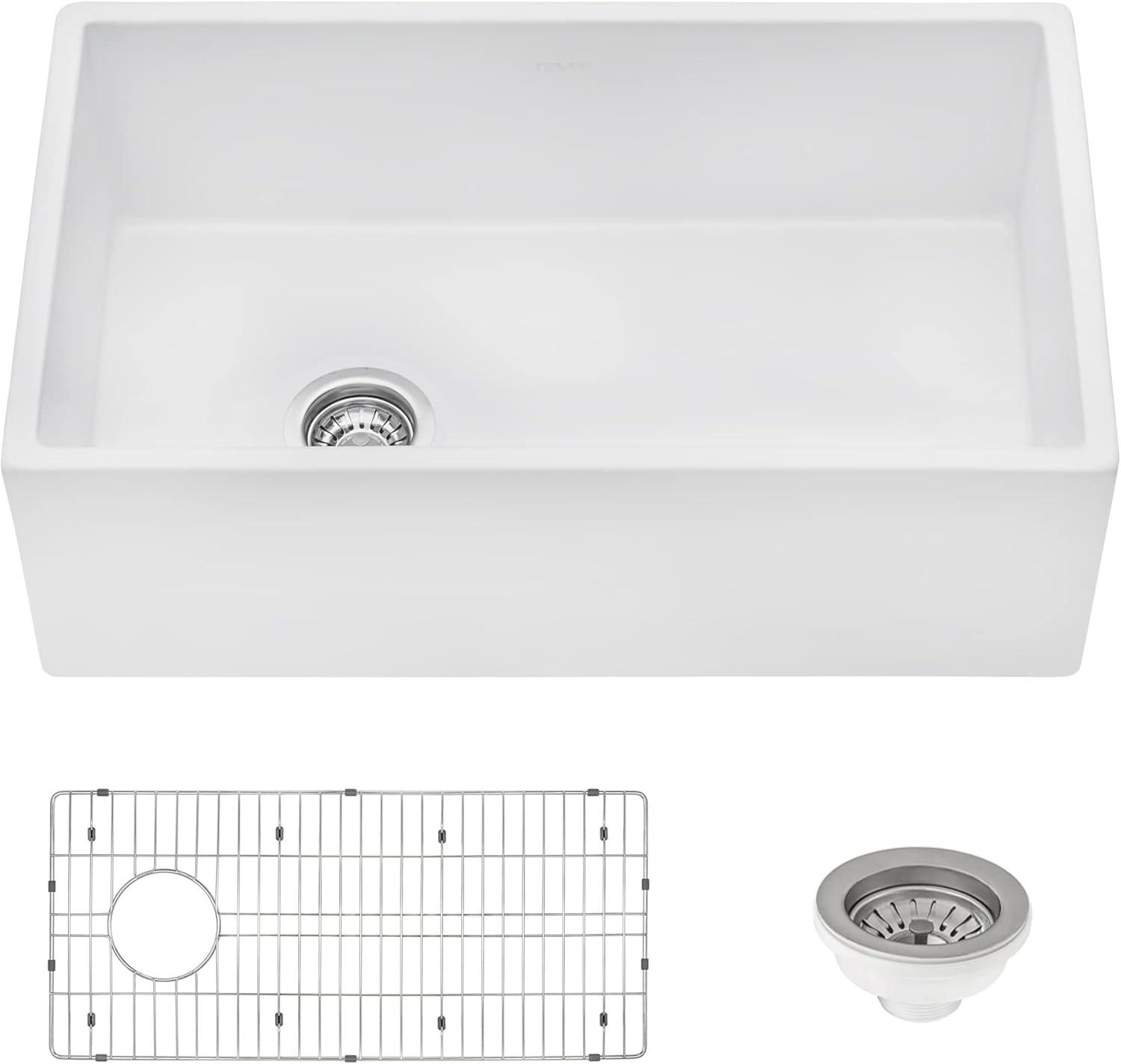 Ruvati 30-inch Fireclay Farmhouse Offset Drain Kitchen Sink Single Bowl White - Left Drain