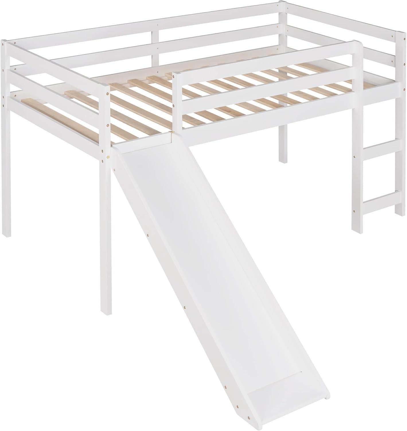 Harper & Bright Designs Kids Loft Bed with Slide,Twin Size Low Loft Beds for Girls Boys Solid Pine Wood Toddler Loft Bed with Ladder and Guard Rails,White