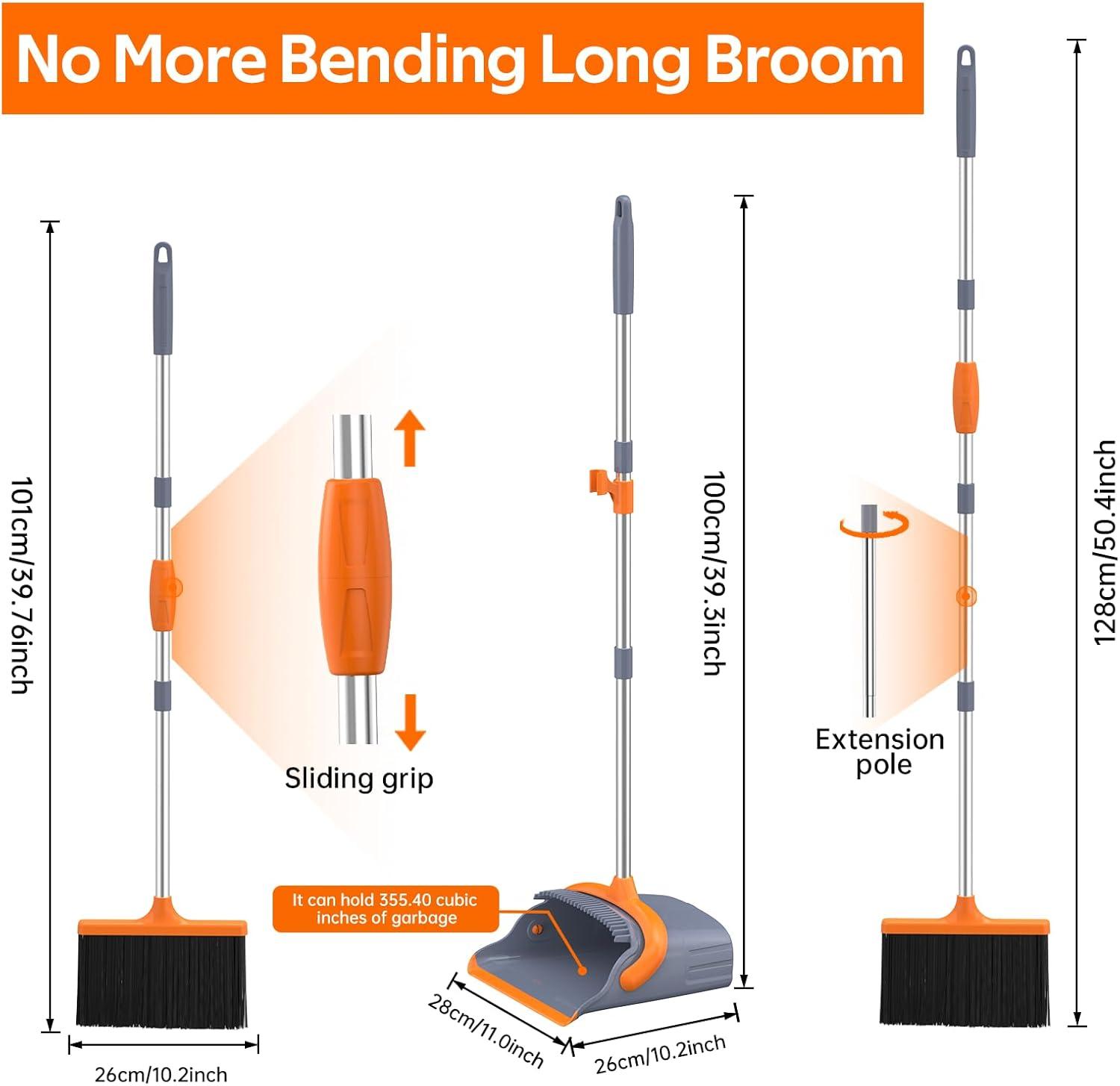 Adjustable Stainless Steel Broom and Dustpan Set with Orange Handle