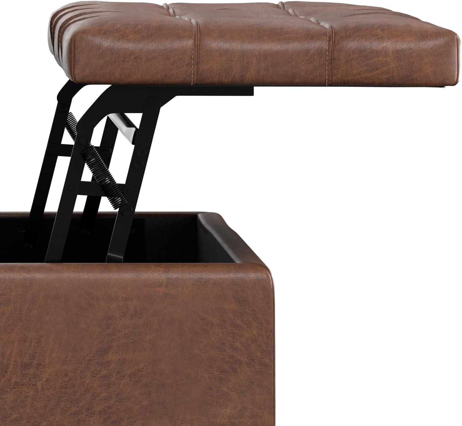 Simpli Home Laura 36 inch Wide Mid Century Square MidÂ CenturyÂ Lift TopÂ Storage Ottoman in Distressed Saddle Brown Vegan Faux Leather