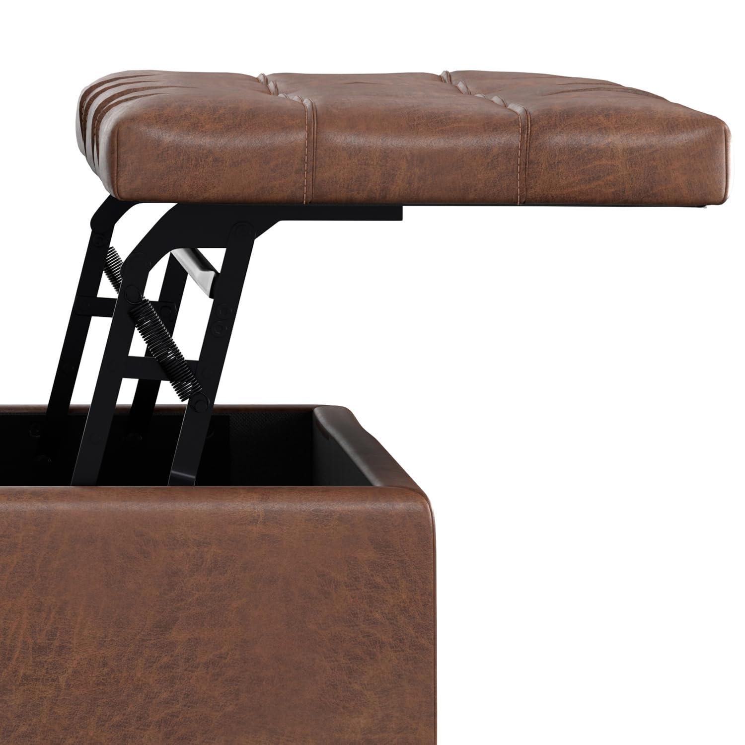 Simpli Home Laura 36 inch Wide Mid Century Square MidÂ CenturyÂ Lift TopÂ Storage Ottoman in Distressed Saddle Brown Vegan Faux Leather