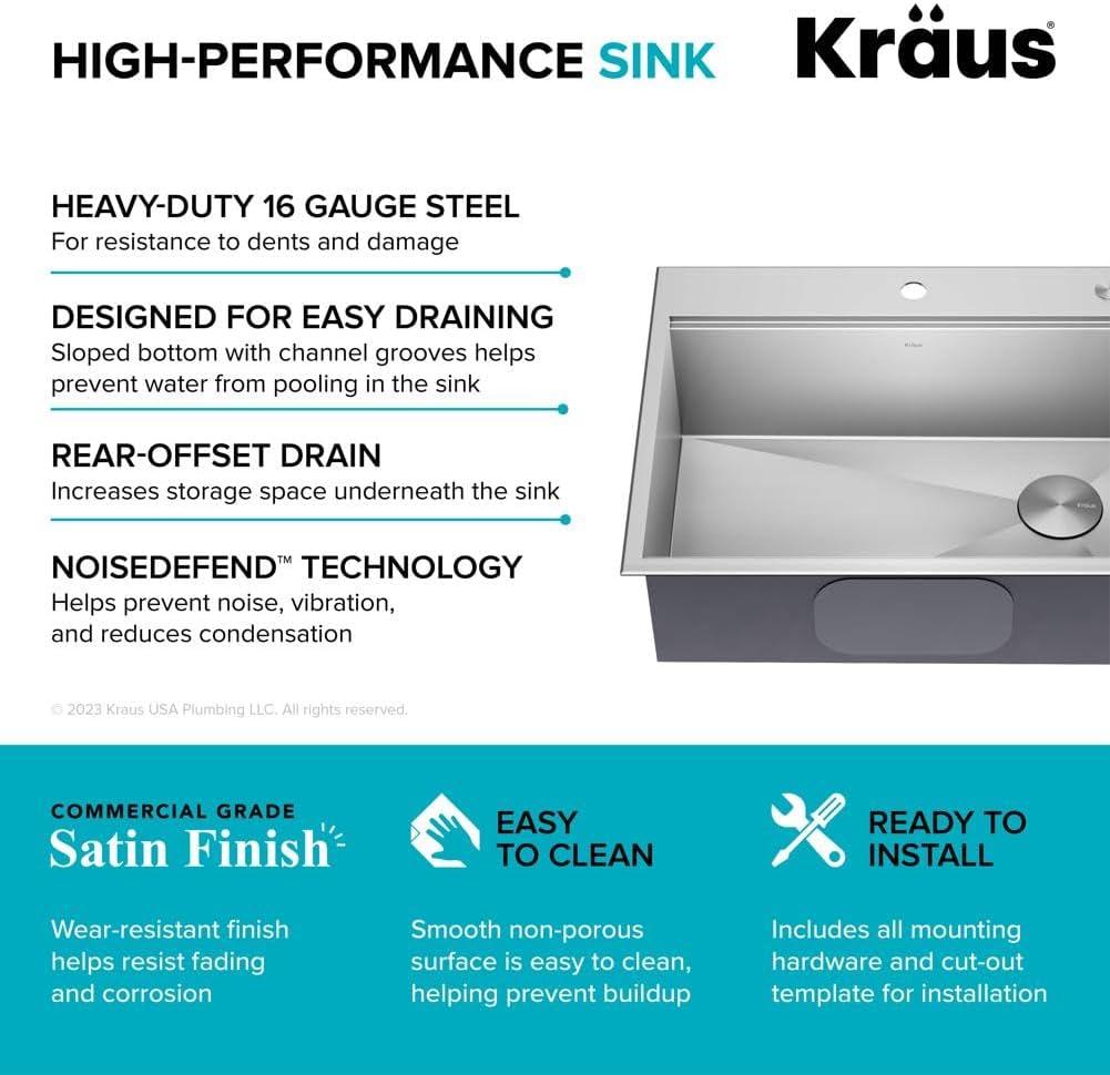 KRAUS Kore Drop-In Workstation 16 Gauge Stainless Steel Single Bowl Kitchen Sink with Accessories