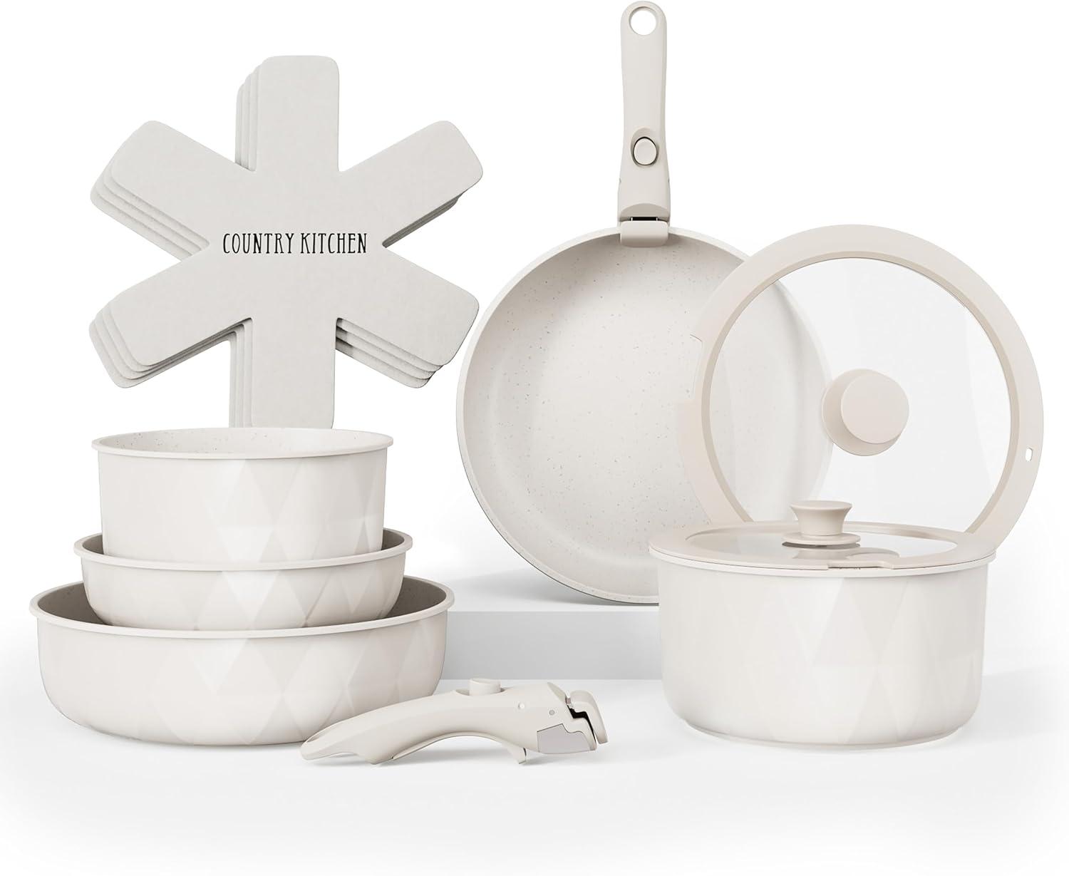 Country Kitchen 13-Pc Pots and Pans Set with Removable Handles Nonstick Cookware Set, Cream