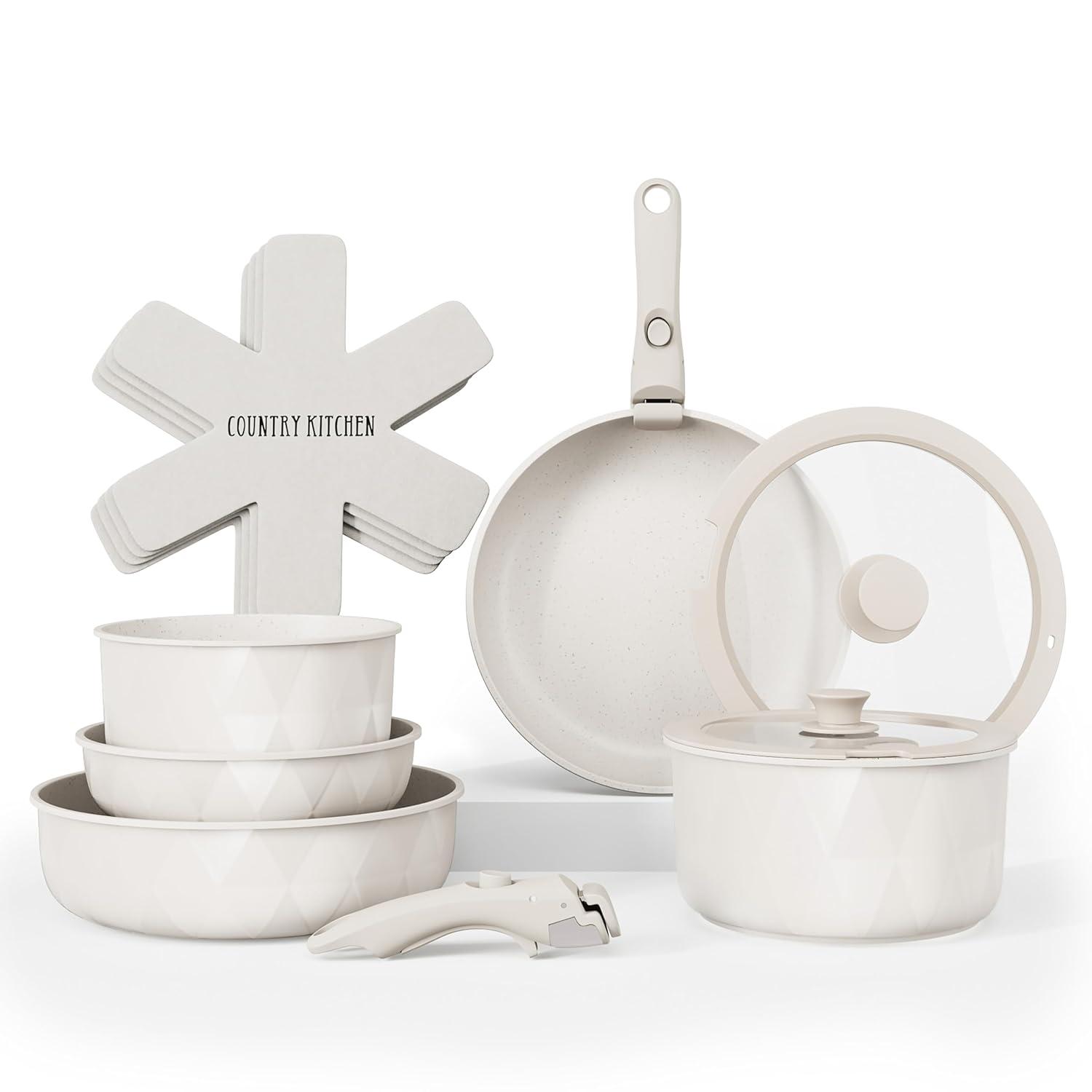 Country Kitchen 13-Pc Pots and Pans Set with Removable Handles Nonstick Cookware Set, Cream