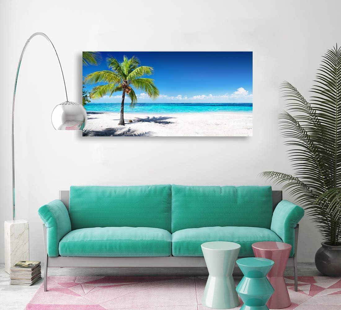 Large Blue Ocean Landscape Canvas Print with Palm Tree