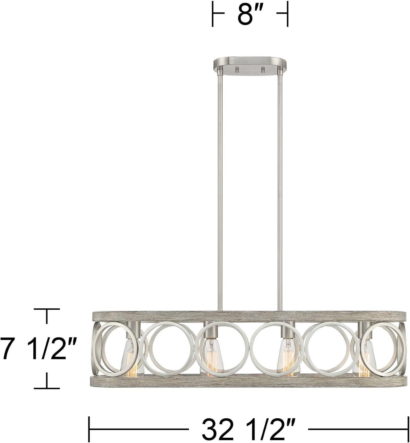 Franklin Iron Works Salima Brushed Nickel Gray Wood Linear Pendant Chandelier 32 1/2" Wide Farmhouse Rustic 4-Light LED for Dining Room Kitchen Island