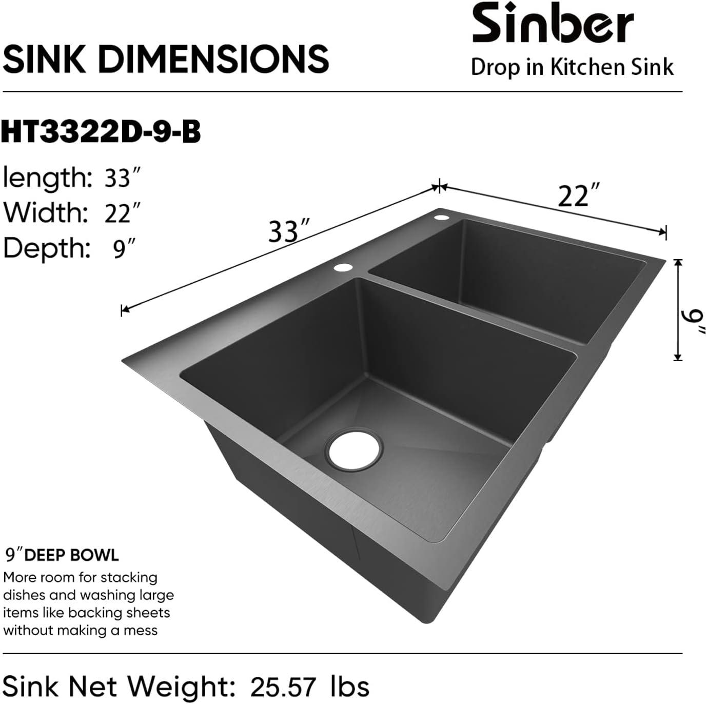 Sinber 33" x 22" Kitchen Sink Drop In Double Bowl with 18 Gauge Stainless Steel