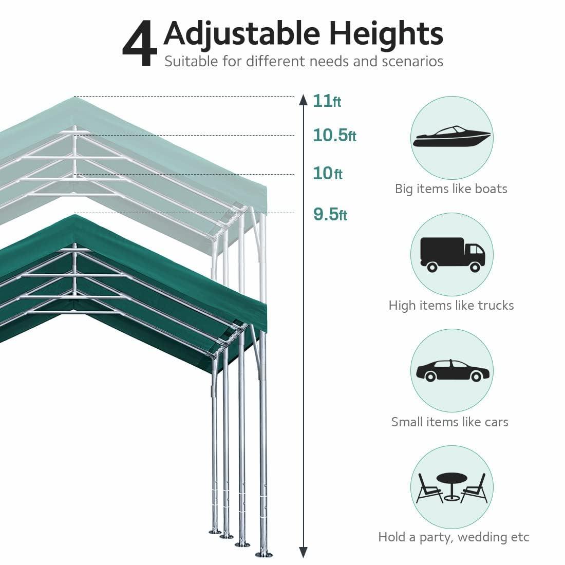 ADVANCE OUTDOOR 12x20 ft Carport with Adjustable Height from 9.5 ft to 11 ft, Heavy Duty Car Canopy, 8 Legs with 8 Reinforced Poles and 4 Sandbags, Green