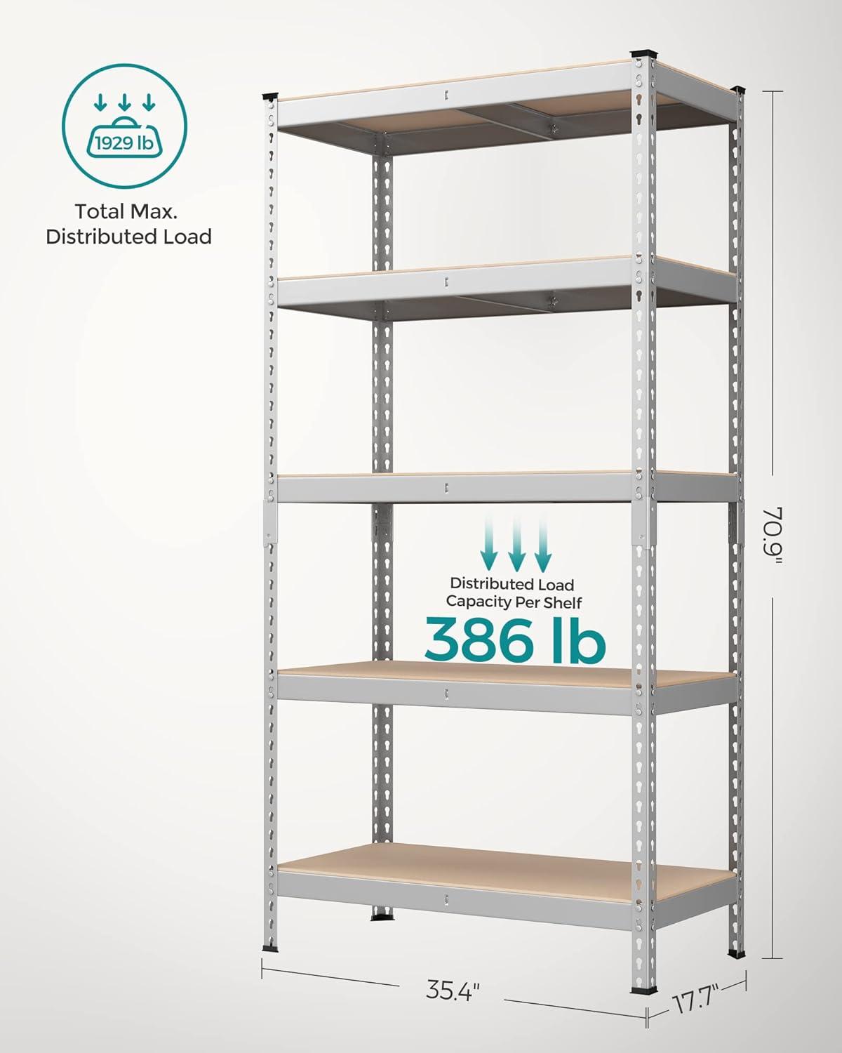 SONGMICS 5-Tier Storage Shelves Metal Garage Storage, Boltless Assembly Adjustable Shelving Unit 17.7 x 35.4 x 70.9 Inches, Load 1929 lb for Shed Warehouse Basement Kitchen Silver