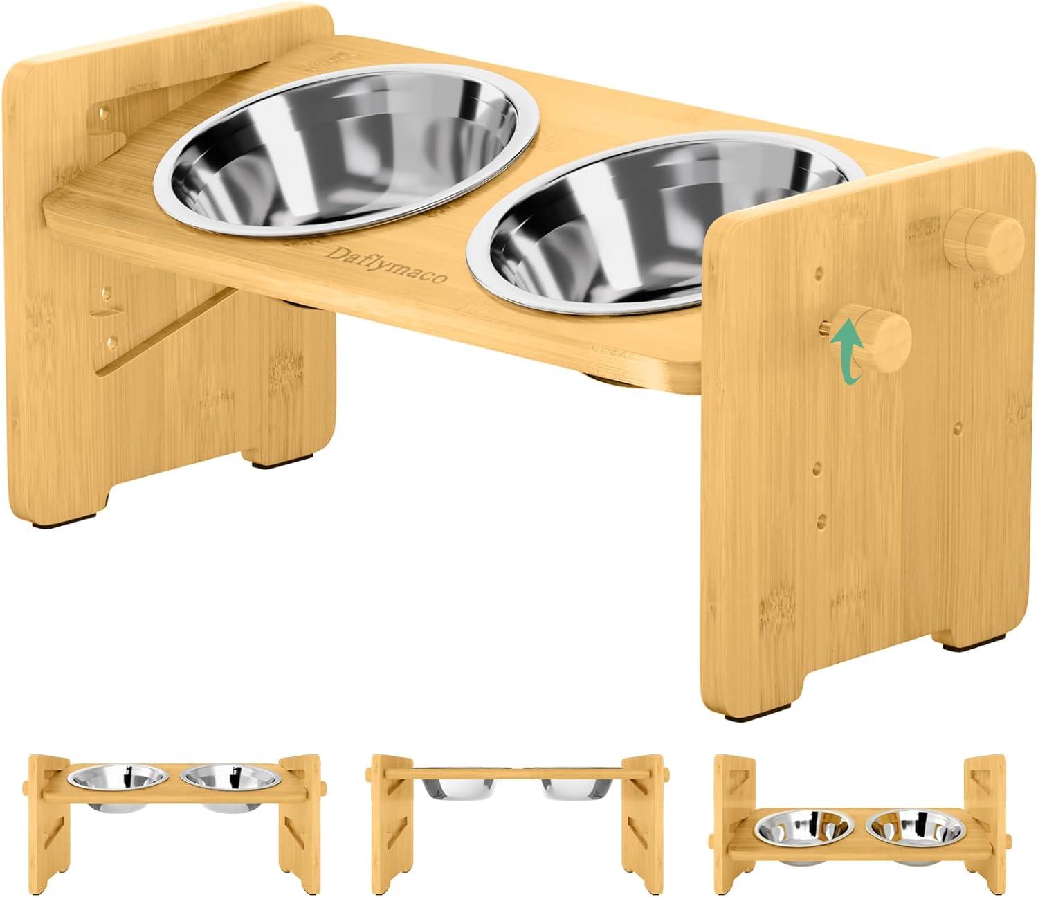 Adjustable Bamboo Elevated Dog Feeder with Stainless Steel Bowls