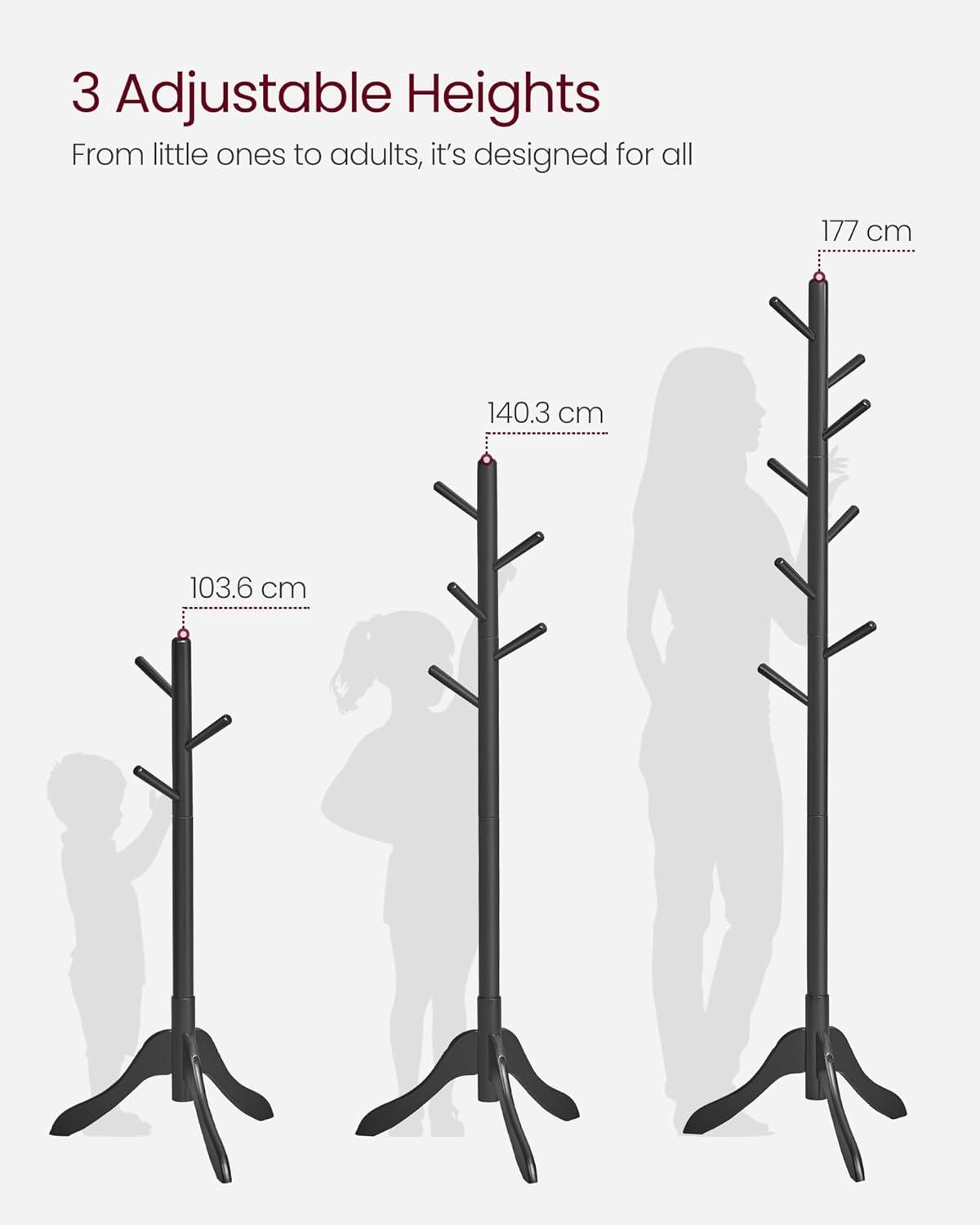 Coat Rack Free Standing, Coat Stand, Hall Coat Tree with 8 Hooks, Black