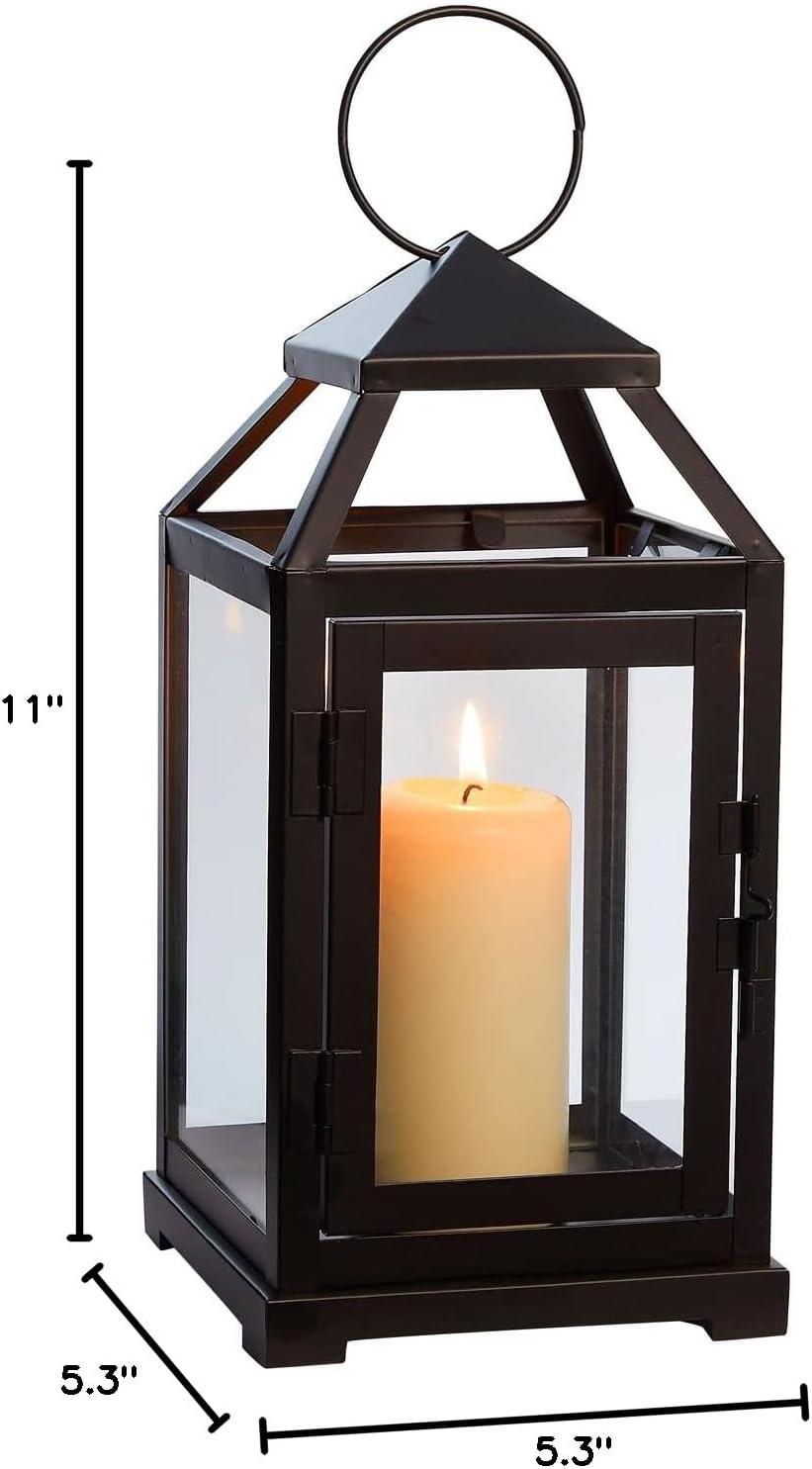 Juvale Black Decorative Candle Lantern, Decorative Metal Candle Holder with Tempered Glass, 5.3 x 11 in