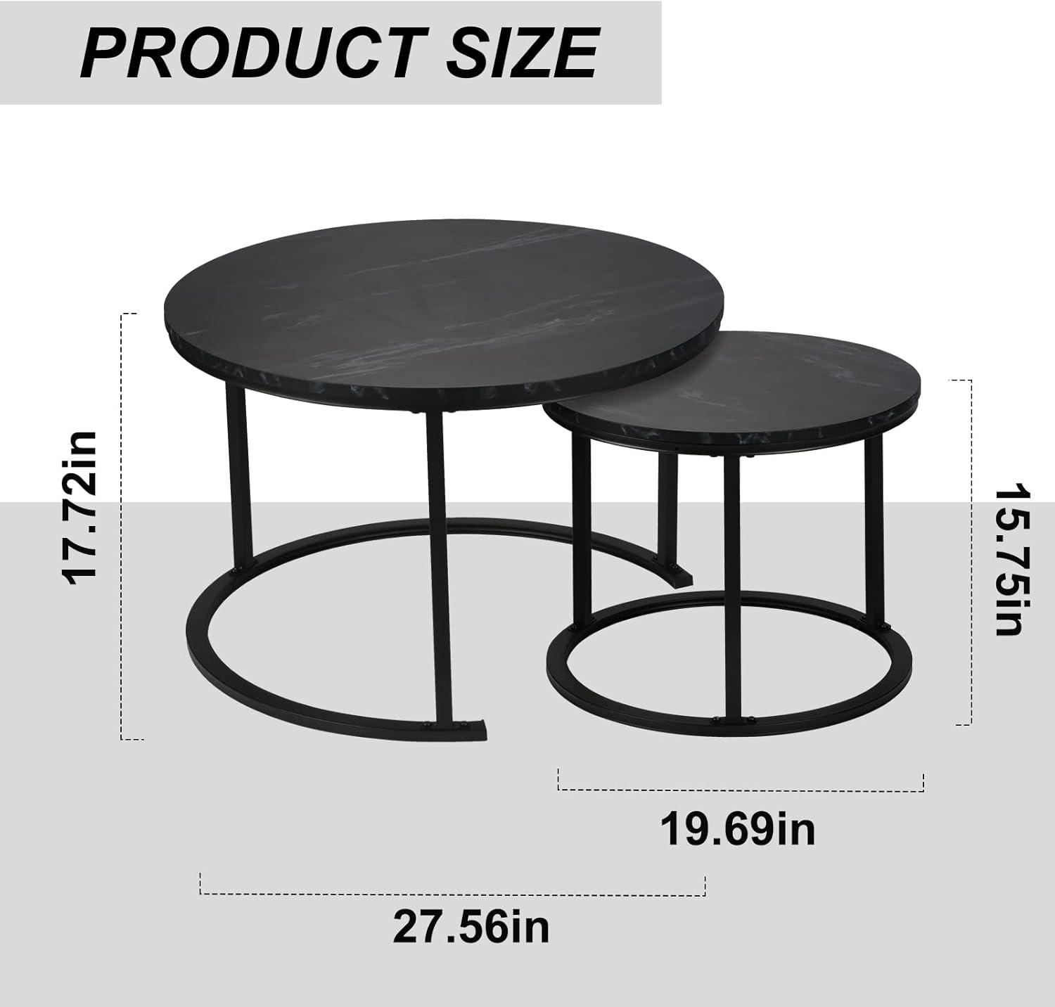 Yesfashion Nesting Coffee Table Set Of 2, 27.6" Round Coffee Table Wood Top With Sturdy Metal Frame, End Table Side Tables For Living Room Bedroom Balcony Yard