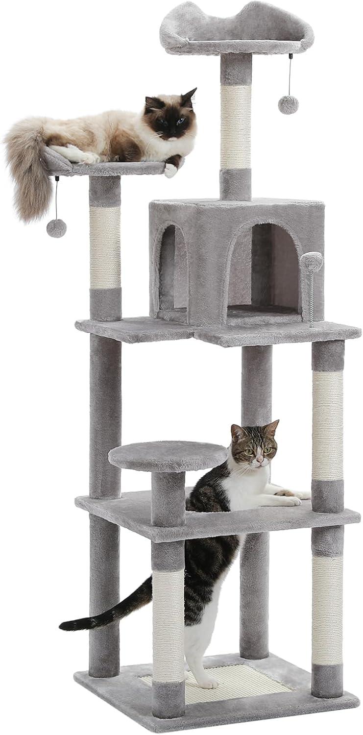 Multi-Level Cat Tree Tower With Cat Hammocks, Sisal Covered Scratching Post And Plush Top Perch
