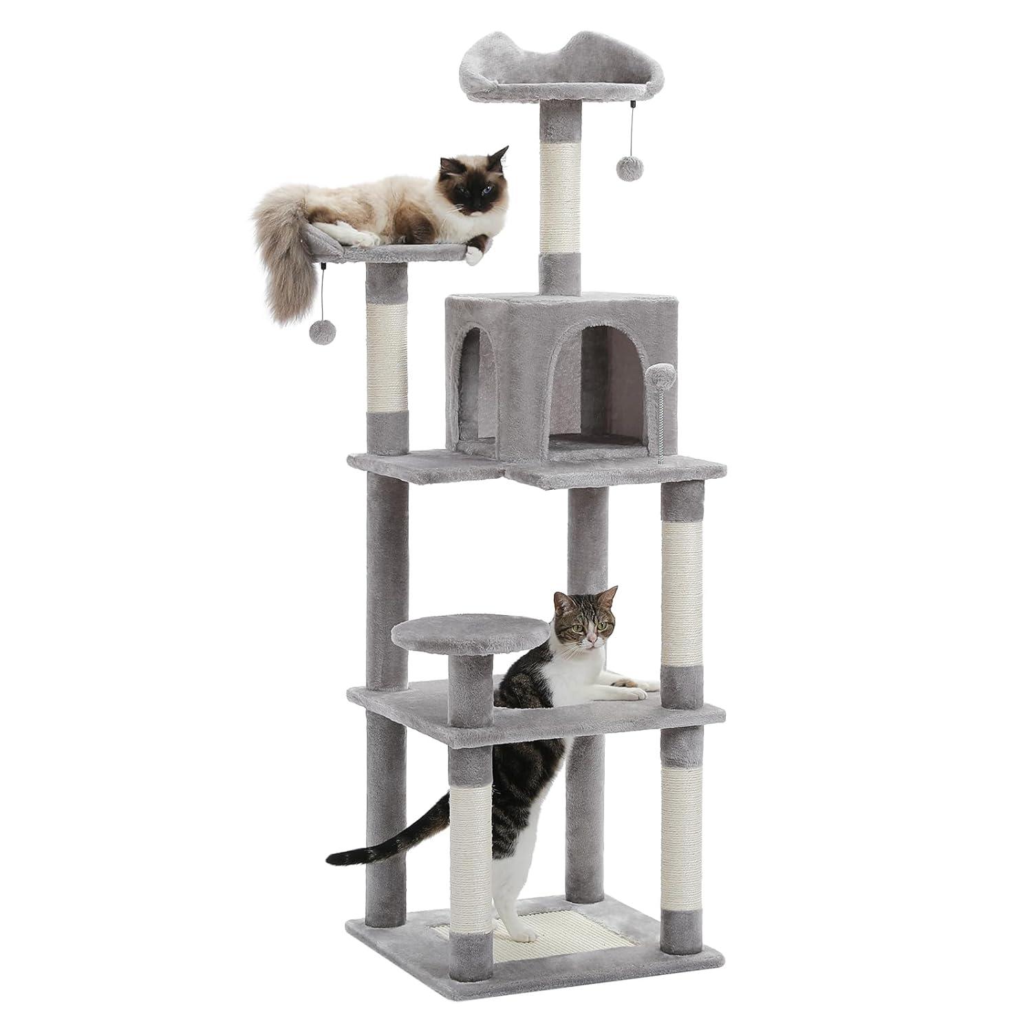 Multi-Level Cat Tree Tower With Cat Hammocks, Sisal Covered Scratching Post And Plush Top Perch