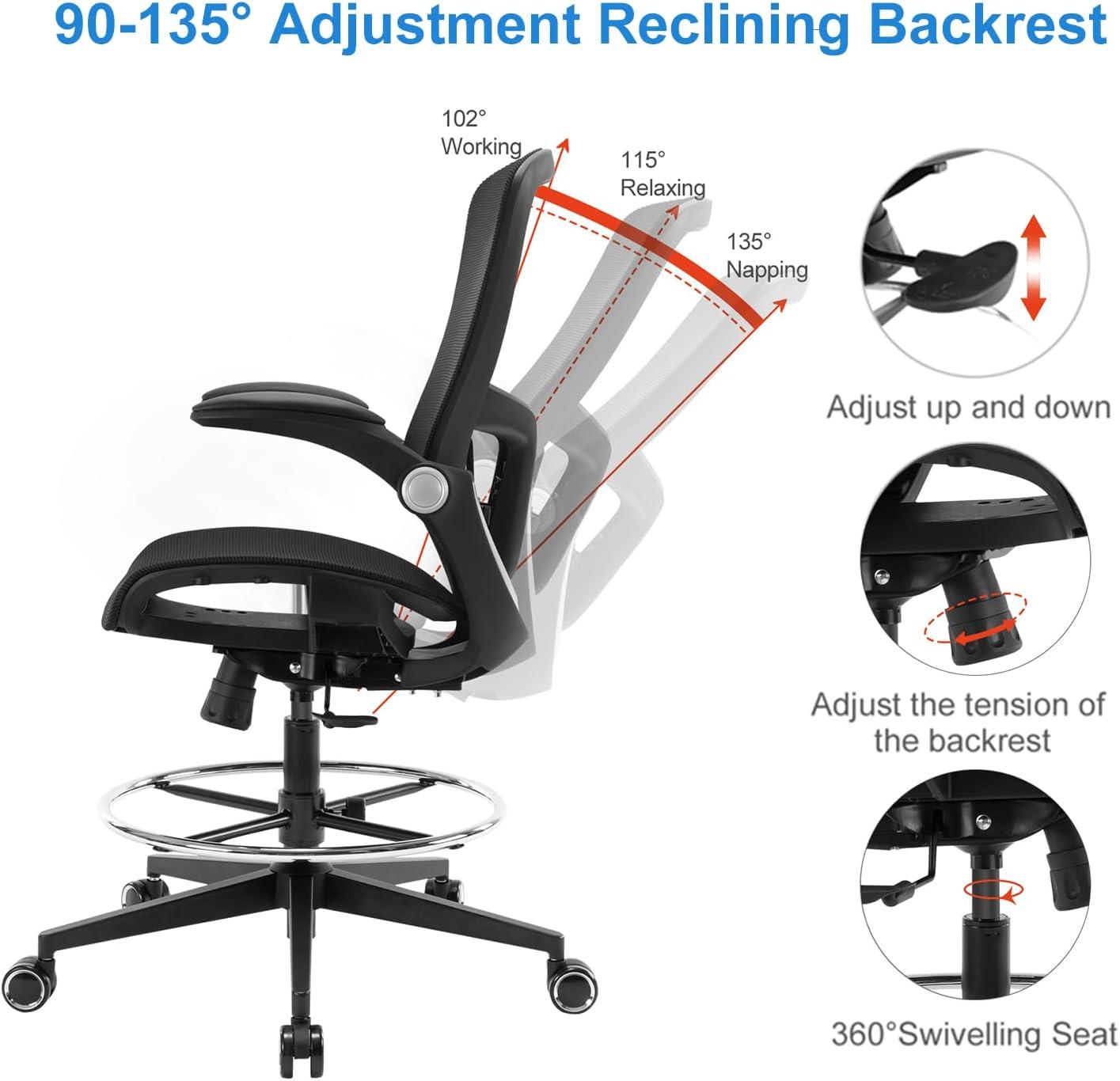 Office Drafting Chair,Ergonomic Tall Office Desk Chair,Adjustable Standing Desk Stool Chair,Executive Computer Chair with Footrest Ring and Lumbar Support (Black)