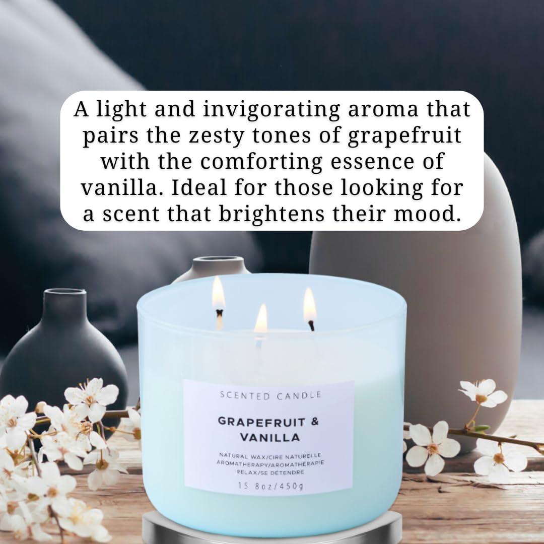 Grapefruit Vanilla Aromatherapy Candle 3 Wick Large Soy Scented Candles for Men and Women 15.8 Oz