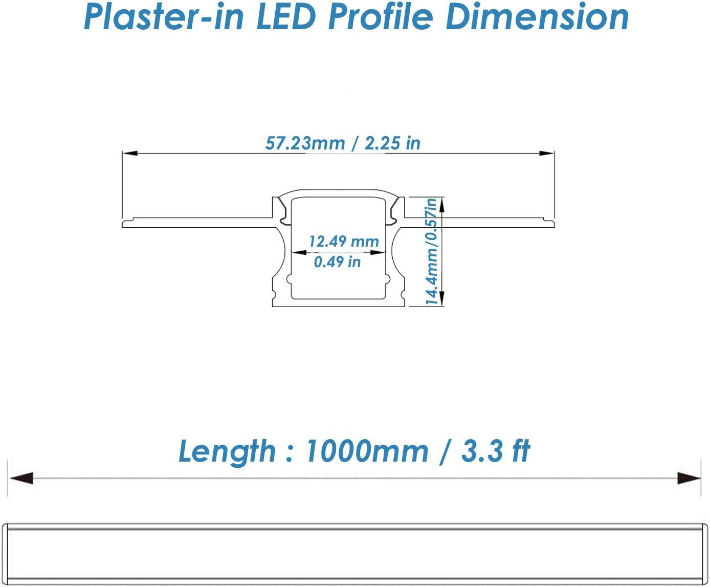 Plaster-in LED Aluminum Channel 6Pack 1m/3.3ft Plaster LED Strip Light Diffuser Profile,Trimless Drywall Aluminum LED Channel Profile with Milky Diffuser Cover End Cap for Wall and Ceiling