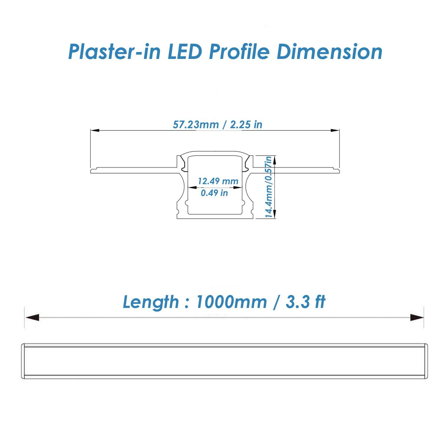 Plaster-in LED Aluminum Channel 6Pack 1m/3.3ft Plaster LED Strip Light Diffuser Profile,Trimless Drywall Aluminum LED Channel Profile with Milky Diffuser Cover End Cap for Wall and Ceiling
