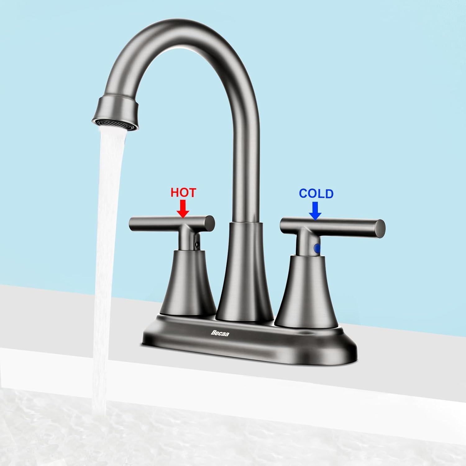 4 Inch Bathroom Faucets for Sink 3 Hole, Faucet for Bathroom Sink with Pop-up Drain & Supply Hoses, 2-Handle 360 Swivel Spout Stainless Steel Lead-Free, Centerset Faucet for Vanity Lavatory