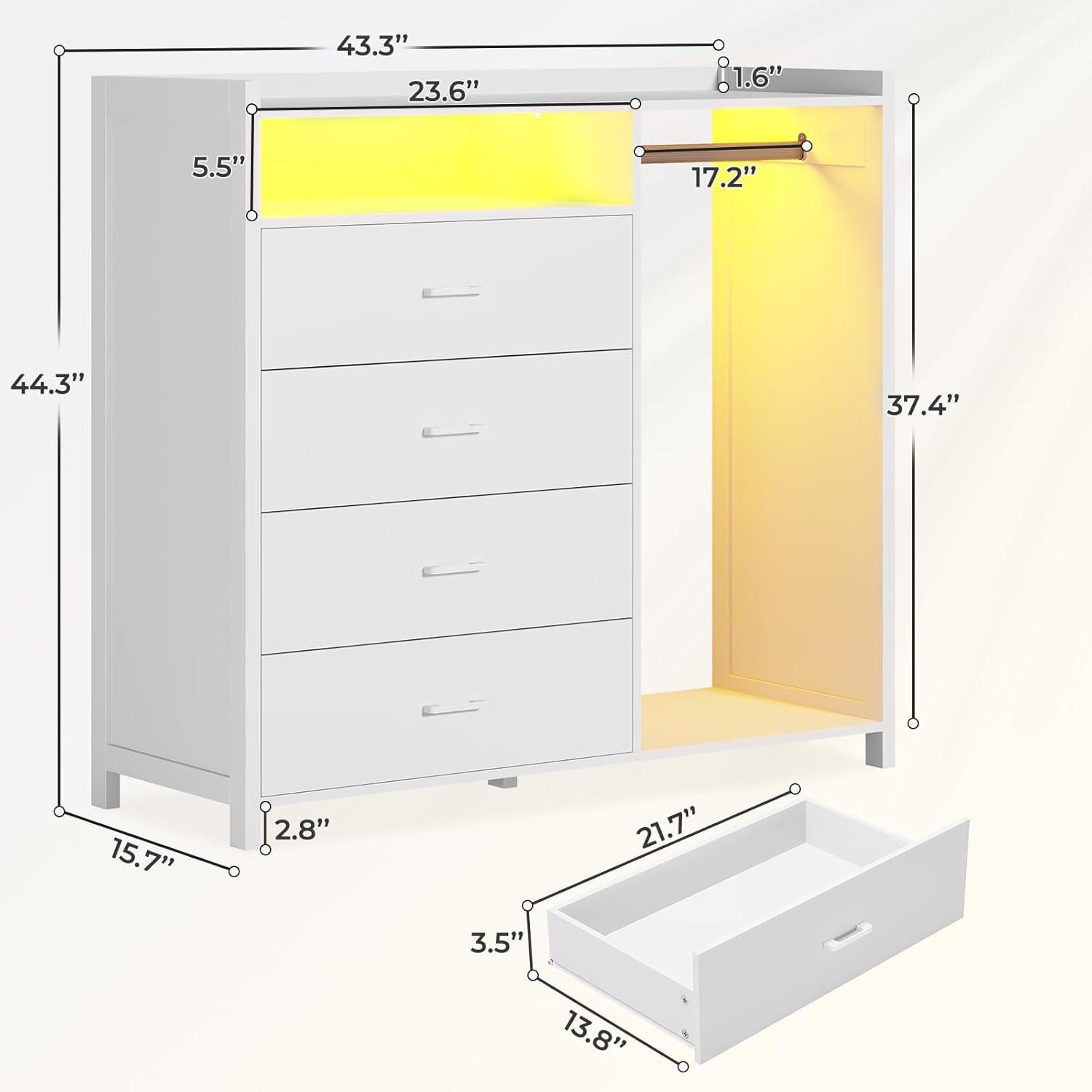 4 Drawer Dresser with Clothing Rack and LED Lights, Modern LED Dresser for Bedroom, Black