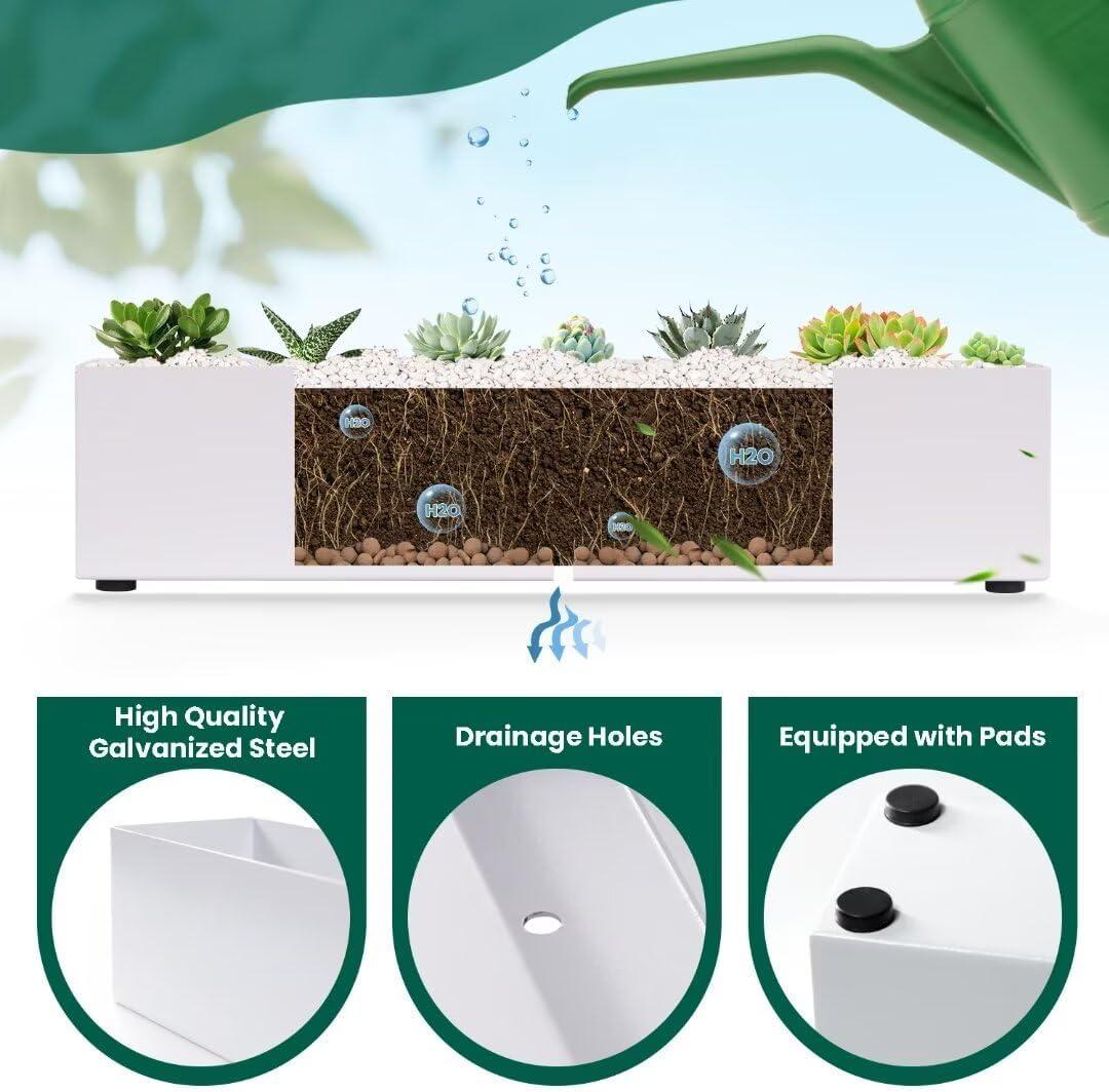 16" Window Box Rectangular Succulent Planting Box Metal Table Sill Planter Pots Modern Long Durable for Small Herb with Drainage Hole for Indoor Outdoor, with 4 Free Rubber Mats, White