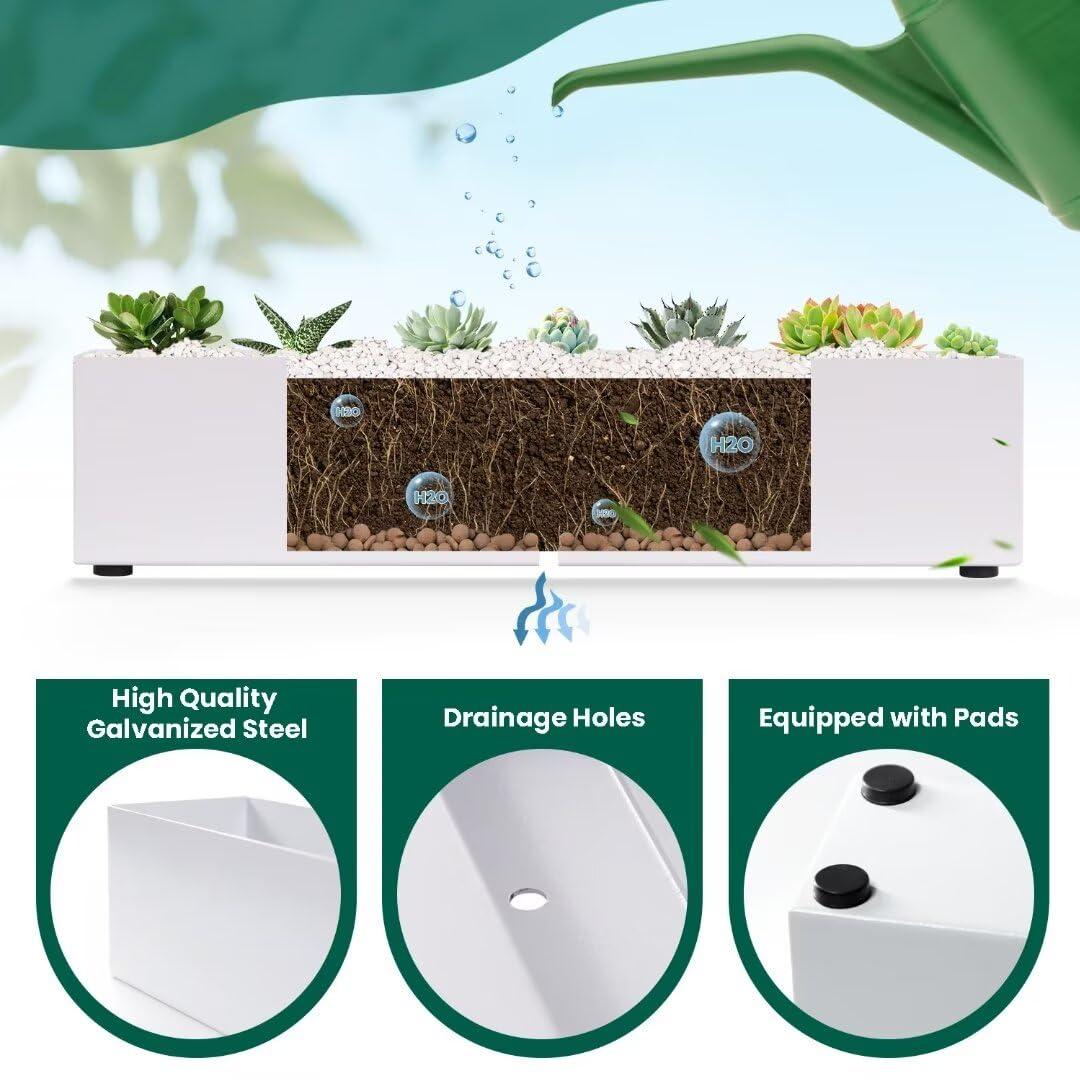 16" Window Box Rectangular Succulent Planting Box Metal Table Sill Planter Pots Modern Long Durable for Small Herb with Drainage Hole for Indoor Outdoor, with 4 Free Rubber Mats, White