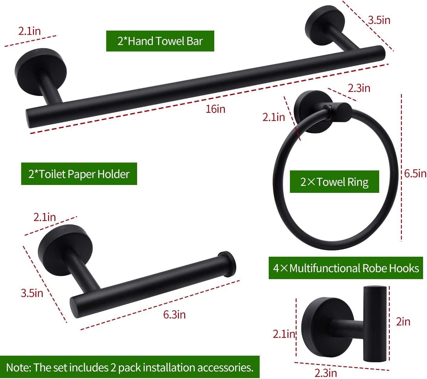 5/10/20pcs Bathroom Hardware Set, Including 16" Hand Towel Bars, Toilet Paper Holders, Towel Rings, Robe Towel Hooks (10pcs 16" Black)
