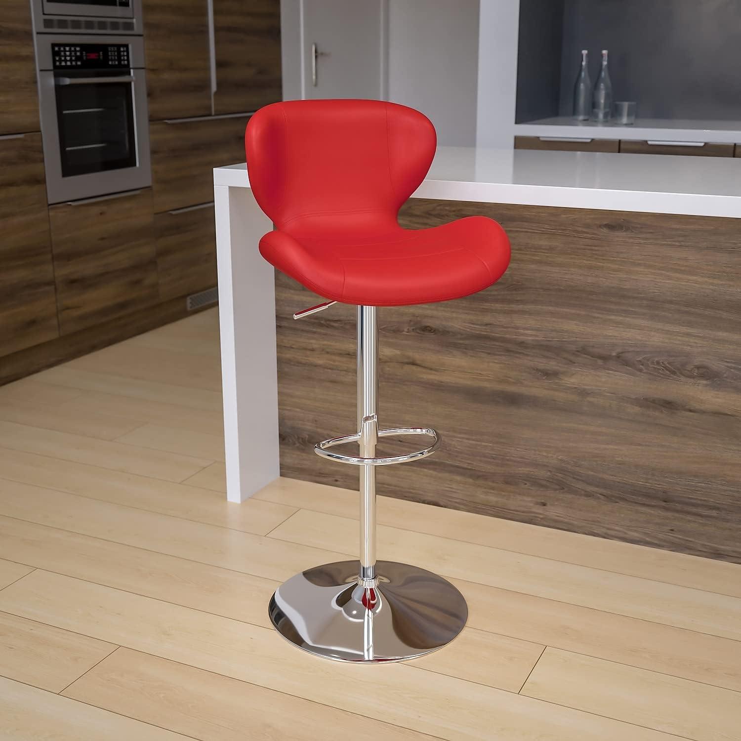 Contemporary Red Vinyl Swivel Barstool with Chrome Base