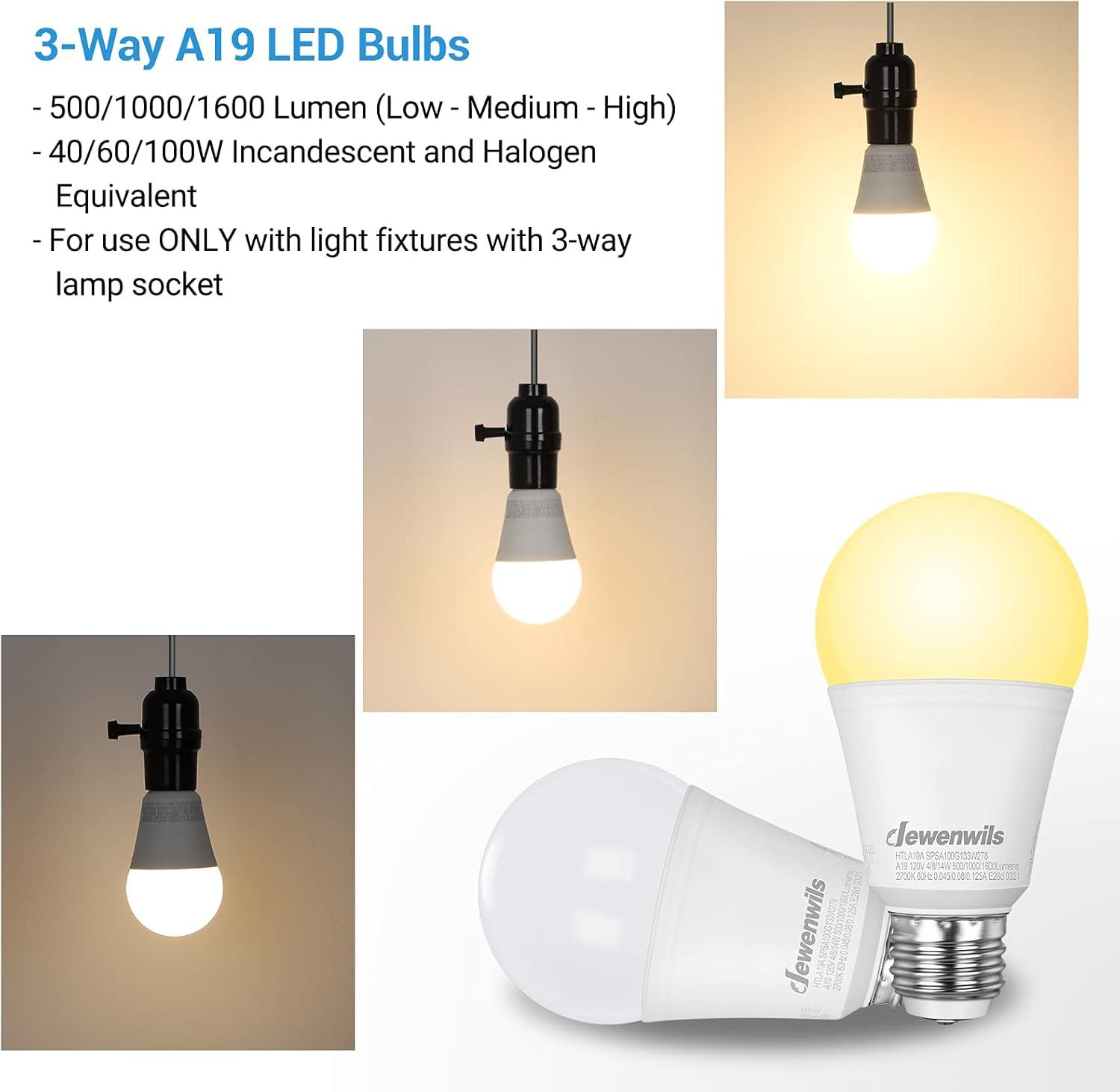 DEWENWILS 3 Way Light Bulbs Soft White, 40/60/100W Equivalent, 2700K LED Light Bulbs E26 Medium Base, 500/1000/1600LM, 4-Pack
