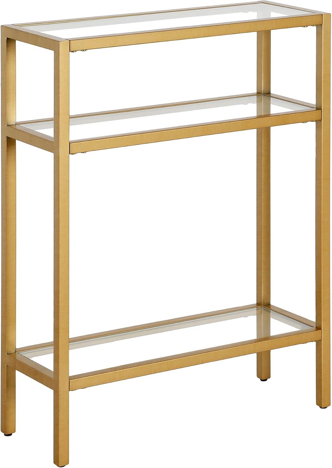 Compact Modern Industrial Brass & Glass Console Table with Storage