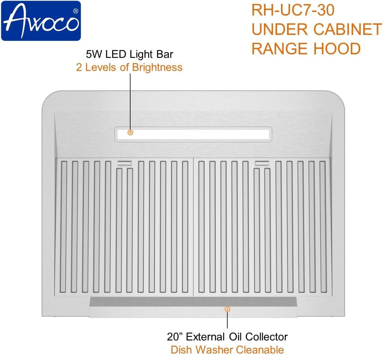 Awoco 30" Stainless Steel 900 CFM Ducted (Vented) Under Cabinet Range Hood with Baffle Filter