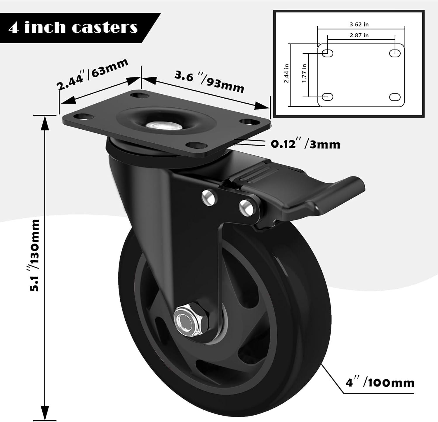 4-Inch Black Polyurethane Heavy Duty Caster Wheels Set