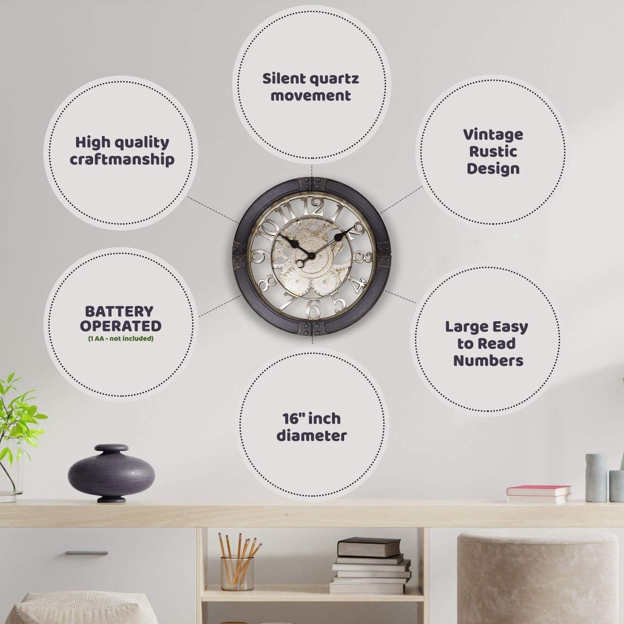 16" Gear Wall Clock with Open See Through Dial - Westclox: Quartz Movement, Industrial Black Frame