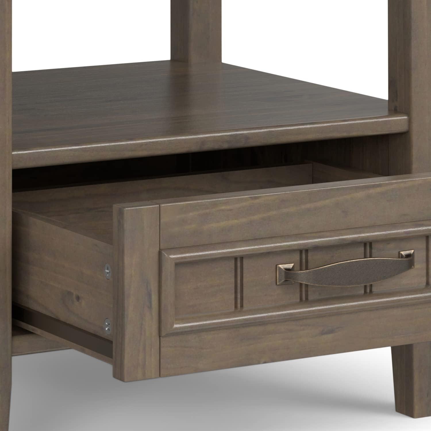 WyndenHall Rowan End Table with Bottom Drawer Smoky Brown: Transitional Style, Square Side Table with Fixed Shelf