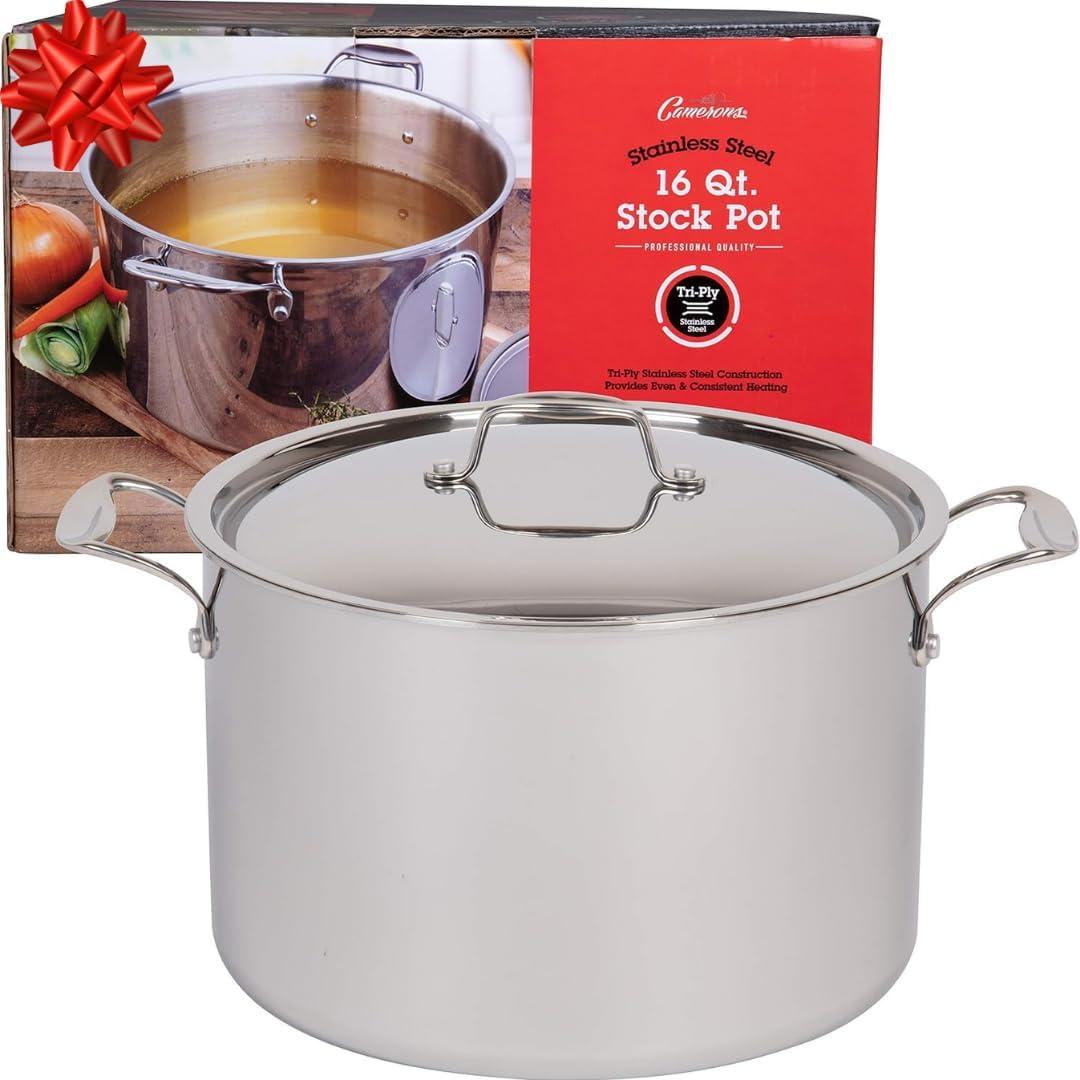 Camerons Stock Pot - Tri-ply 18/10 Professional Grade Induction Ready with Stainless Steel Lid and Stay Cool Handles (16 Quarts) - Great for Thanksgiving Turkey & Feasts