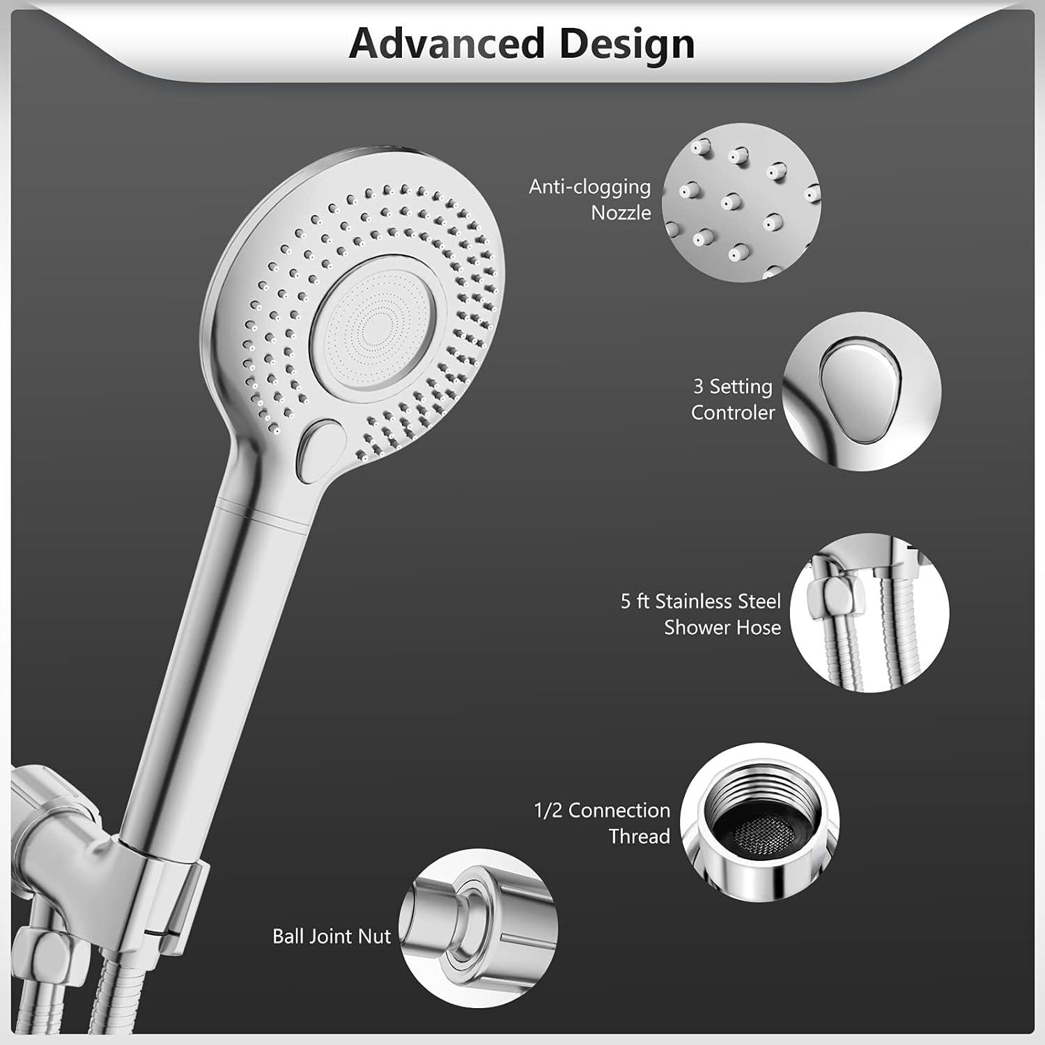 Handheld Shower Head with Filter, FEELSO High Pressure 3 Spray Mode Showerhead with 60" Hose, Bracket and 15 Stage Water Softener Filters for Hard Water