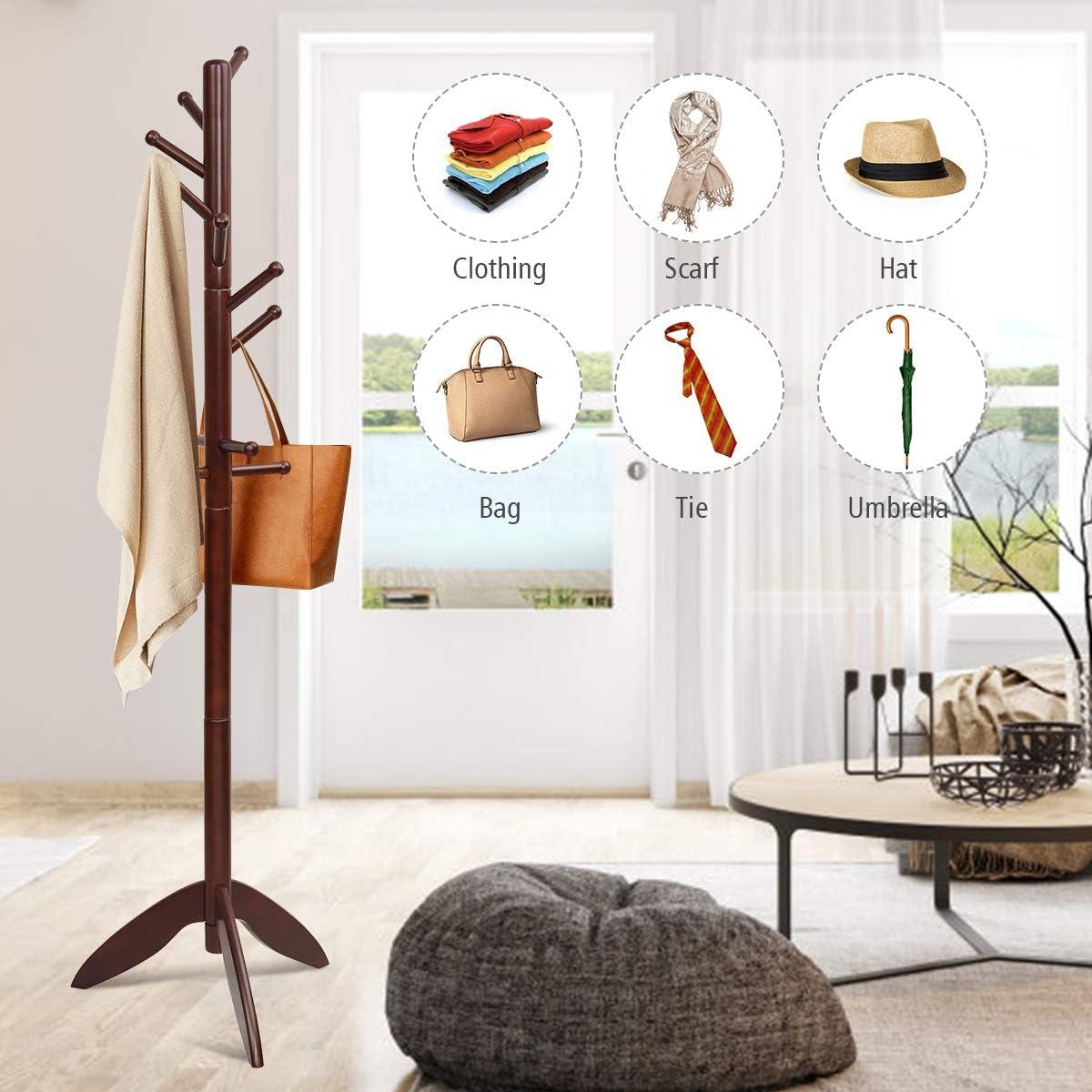 Dark Brown Rubber Wood Freestanding Coat Rack with 11 Hooks