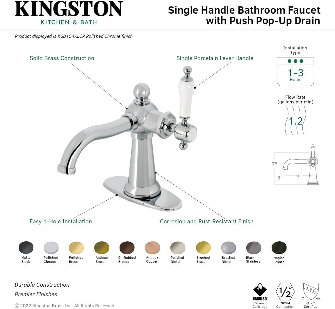 Kingston Brass Nautical Single-Handle 1-Hole Deck Mount Bathroom Faucet with Push Pop-Up and Deck Plate