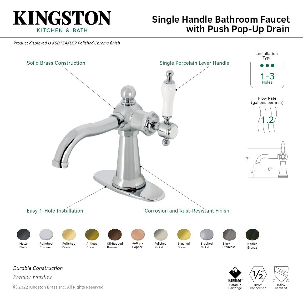 Kingston Brass KSD154KLBB Kingston Brass Nautical Single-Handle 1-Hole Deck Mount Bathroom Faucet with Push Pop-Up and Deck Plate