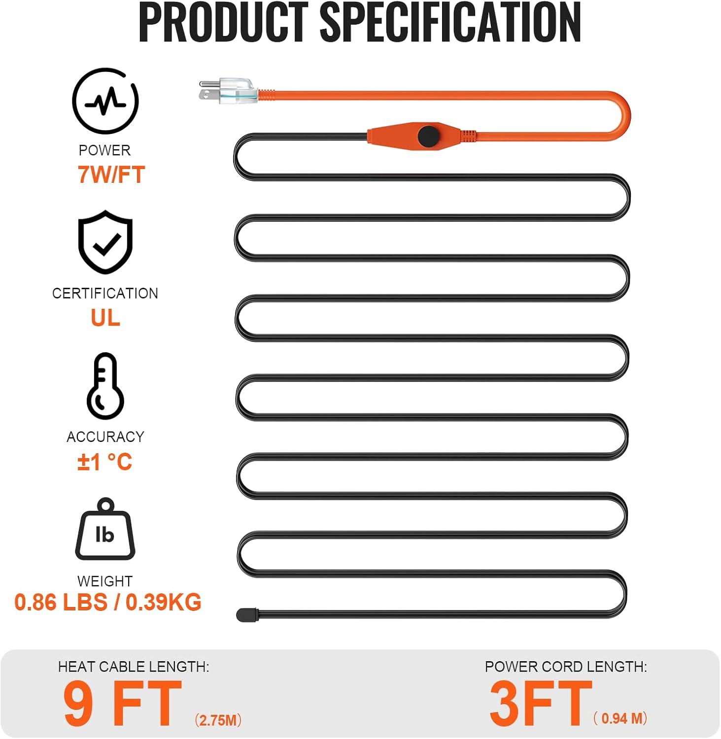 VEVOR Pipe Heating Cable 24FT 7W/FT Heat Tape for Pipes with Built-in Thermostat