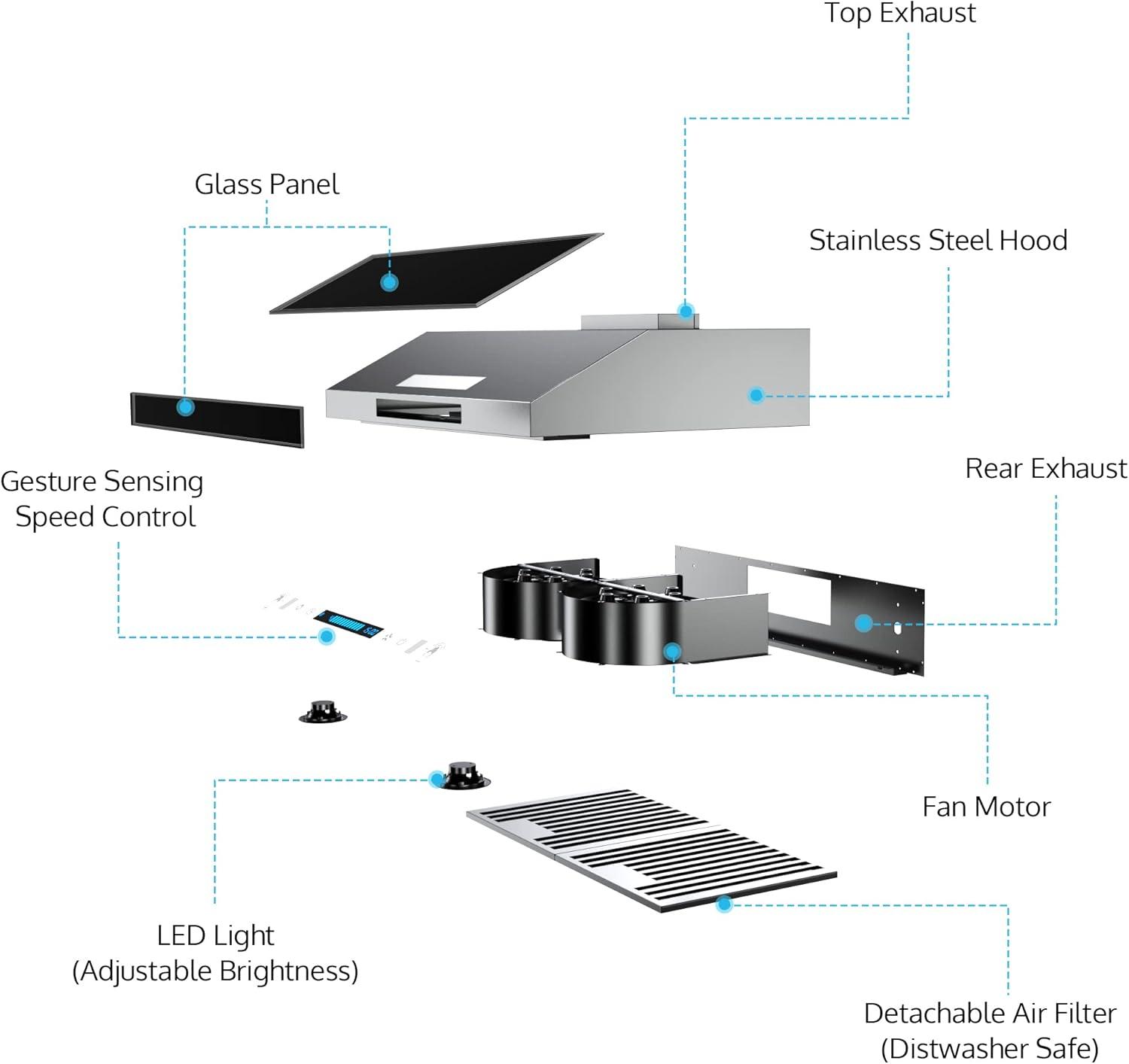 30'' 900 CFM Under Cabinet Range Hood with LED Lights and Remote Control Included