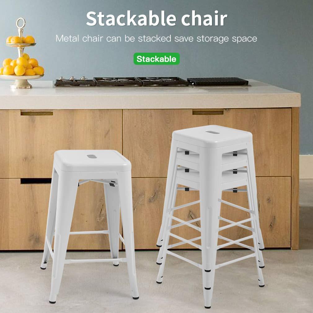 FDW Metal Bar Stools Set of 4 Counter Height Barstool Stackable Barstools 24 Inch Indoor Outdoor Patio Bar Stool Home Kitchen Dining Stool ,White