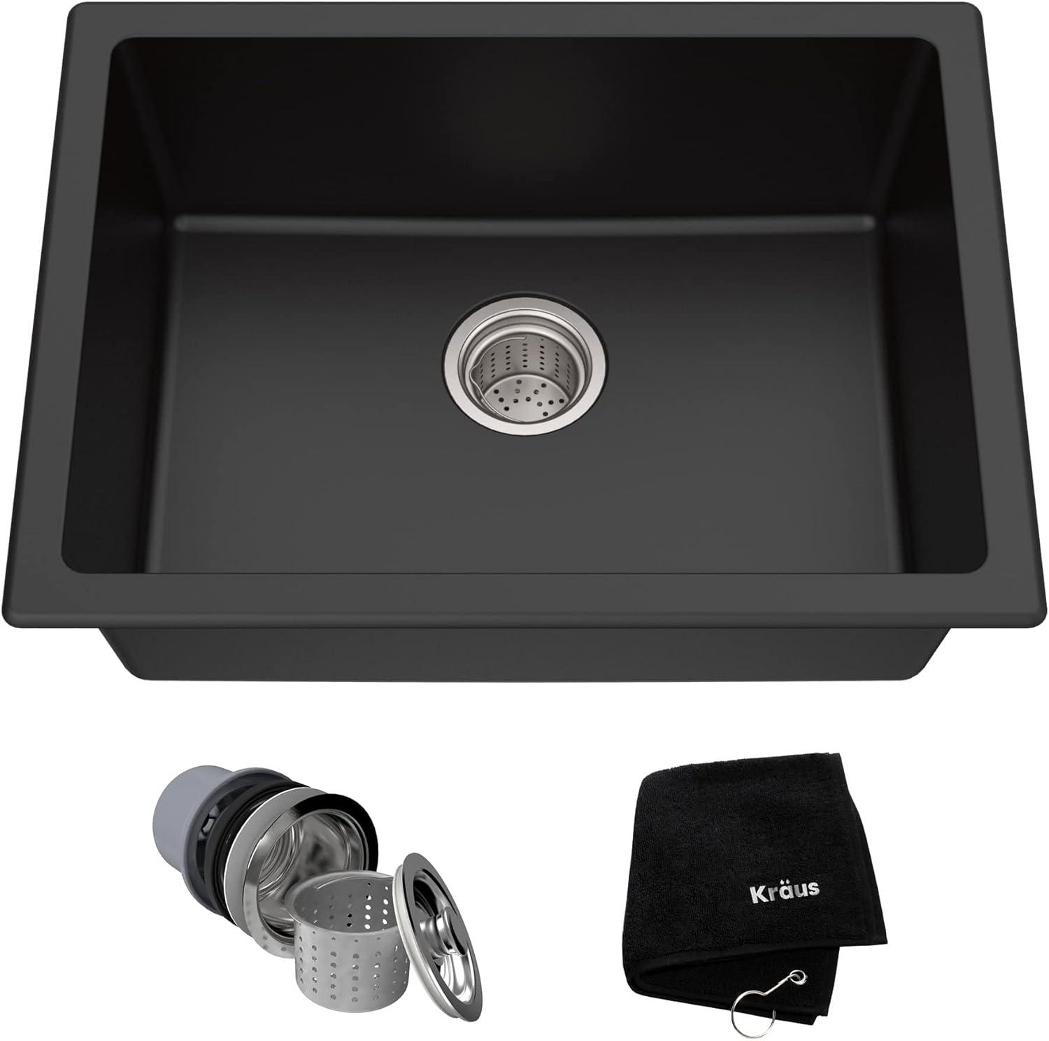 24-Inch Black Granite Drop-In Single Bowl Kitchen Sink