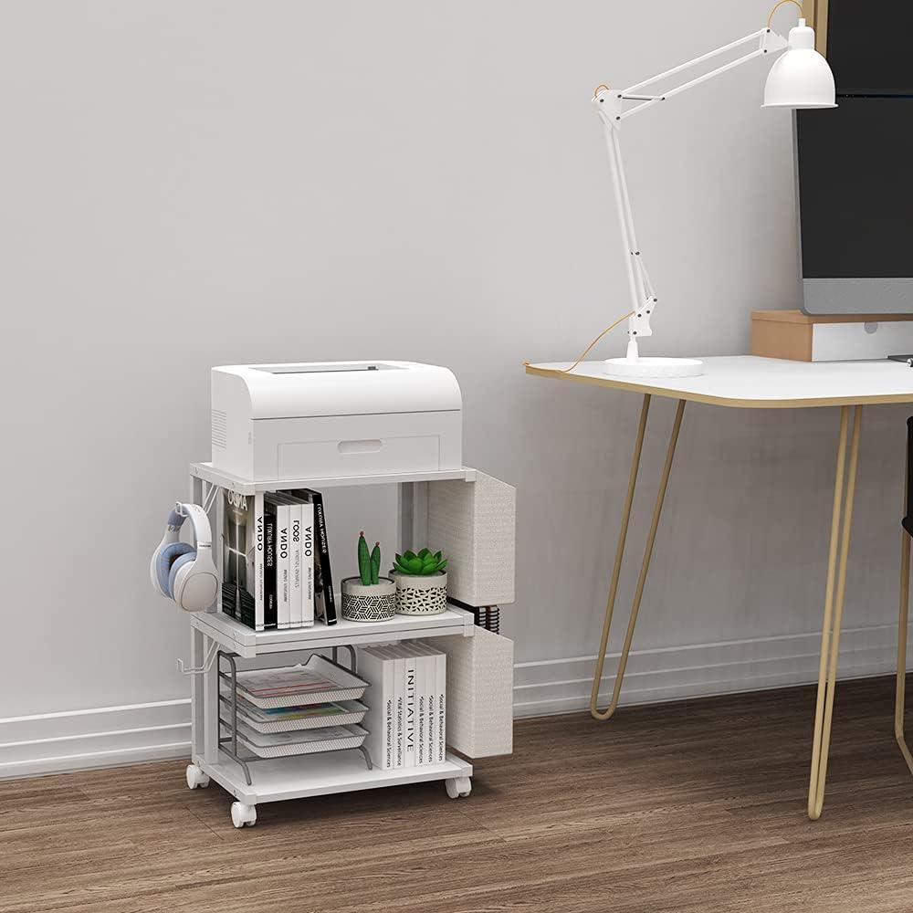 White Wooden 2-Tier Under Desk Printer Stand with Storage Bag