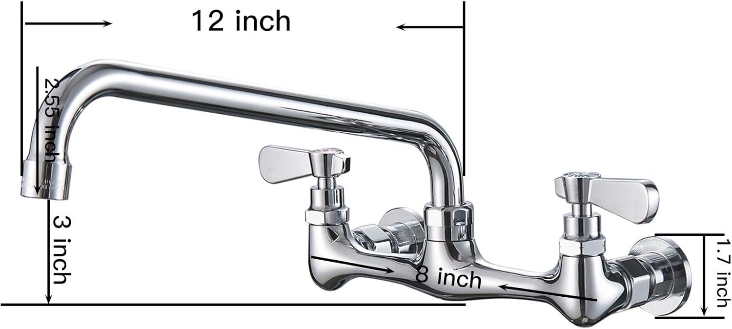 Chrome Wall Mounted Double Handle Kitchen Faucet with 12" Swivel Spout