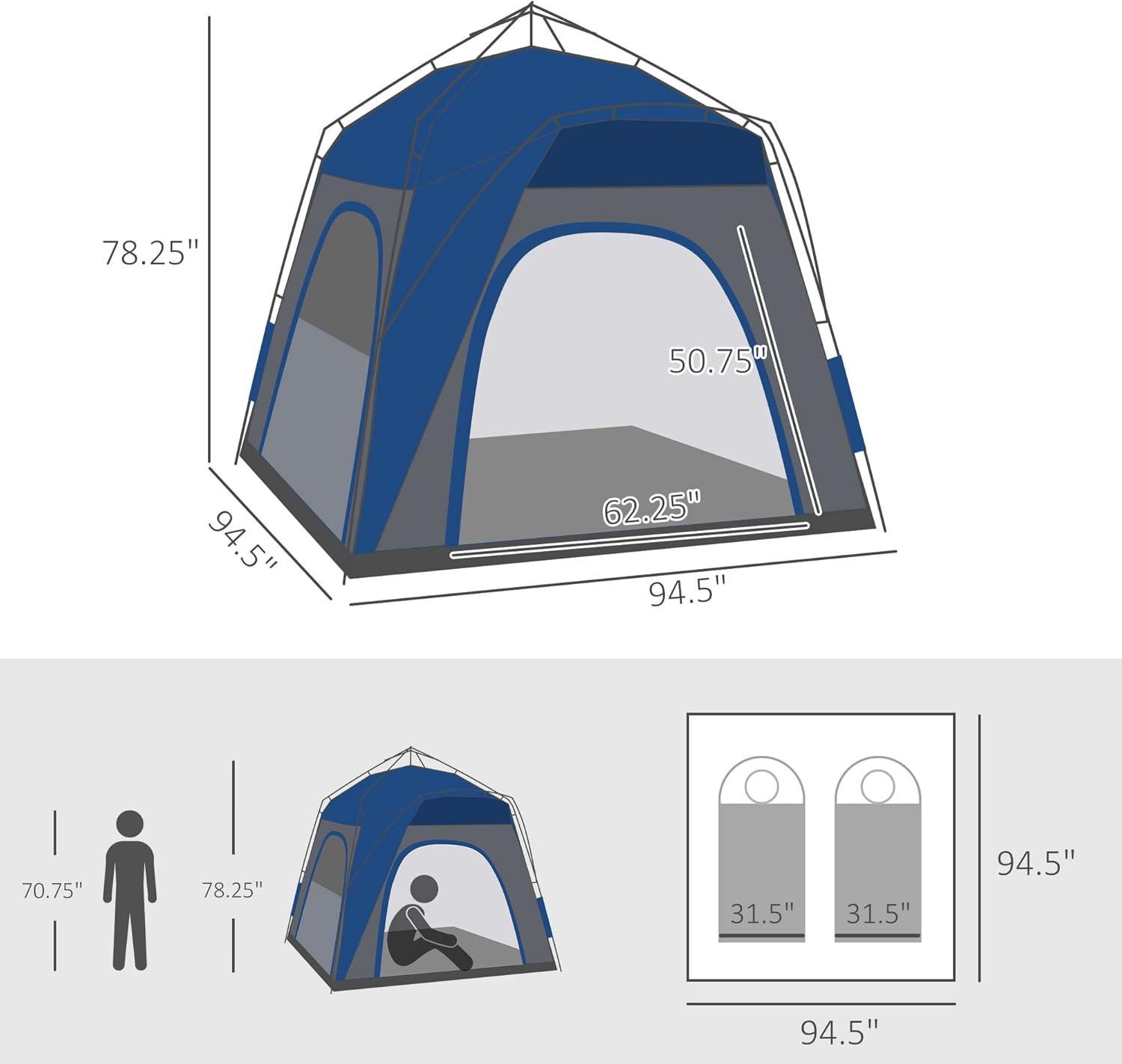 Outsunny Camping Tents 4 Person Pop Up Tent Quick Setup Automatic Hydraulic Family Travel Tent w/ Windows, Doors Carry Bag Included